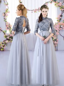 Popular Half Sleeves Tulle Floor Length Lace Up Quinceanera Dama Dress in Grey with Appliques