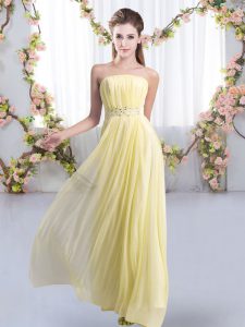 Sexy Sleeveless Beading Lace Up Dama Dress for Quinceanera with Yellow Sweep Train