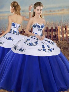 Royal Blue Ball Gowns Tulle Sweetheart Sleeveless Embroidery Floor Length Lace Up Quinceanera Dresses