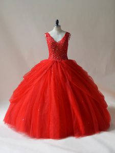 Tulle V-neck Sleeveless Zipper Beading Quinceanera Gown in Red