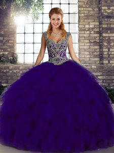 Exceptional Floor Length Purple Quinceanera Gown Straps Sleeveless Lace Up