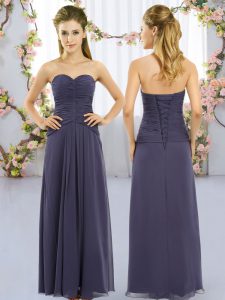 Romantic Navy Blue Chiffon Lace Up Damas Dress Sleeveless Floor Length Ruching