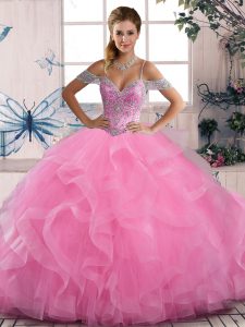Rose Pink Ball Gowns Off The Shoulder Sleeveless Tulle Floor Length Lace Up Beading and Ruffles Quince Ball Gowns