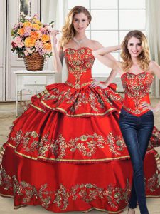Designer Red Two Pieces Sweetheart Sleeveless Satin and Organza Floor Length Lace Up Embroidery and Ruffled Layers Vestidos de Quinceanera