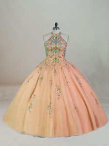 Elegant Peach Ball Gowns Tulle Halter Top Sleeveless Appliques and Embroidery Lace Up Quinceanera Gowns Brush Train