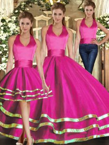 Fuchsia Tulle Lace Up Quinceanera Dresses Sleeveless Floor Length Ruffled Layers