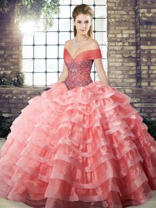Off The Shoulder Sleeveless Quinceanera Dress Brush Train Beading and Ruffled Layers Watermelon Red Organza
