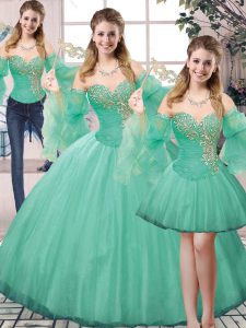 Turquoise Tulle Lace Up Sweetheart Sleeveless Floor Length Vestidos de Quinceanera Beading