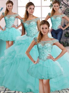 Glamorous Aqua Blue Tulle Lace Up Ball Gown Prom Dress Sleeveless Floor Length Beading and Ruffles