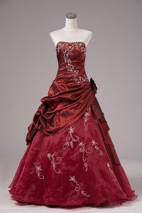 Fashion Ball Gowns Quinceanera Dresses Burgundy Strapless Organza and Taffeta Sleeveless Floor Length Lace Up