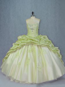 Shining Yellow Green Ball Gowns Sweetheart Sleeveless Organza and Tulle Brush Train Lace Up Beading and Appliques Quinceanera Gown