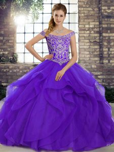 Customized Off The Shoulder Sleeveless Brush Train Lace Up Sweet 16 Quinceanera Dress Purple Tulle