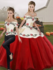 Nice Floor Length White And Red Quinceanera Dress Off The Shoulder Sleeveless Lace Up