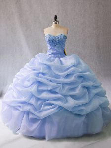 Traditional Light Blue Ball Gowns Sweetheart Sleeveless Organza Lace Up Beading and Pick Ups Quinceanera Gown