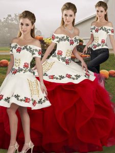 Fabulous Off The Shoulder Sleeveless 15th Birthday Dress Floor Length Embroidery and Ruffles White And Red Tulle