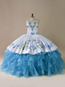 Top Selling Blue Sweetheart Lace Up Embroidery and Ruffles Vestidos de Quinceanera Sleeveless