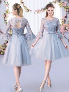 Grey Empire Tulle Scoop 3 4 Length Sleeve Lace and Belt Knee Length Lace Up Quinceanera Court Dresses