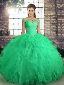 Fine Turquoise Lace Up Off The Shoulder Beading and Ruffles 15th Birthday Dress Tulle Sleeveless