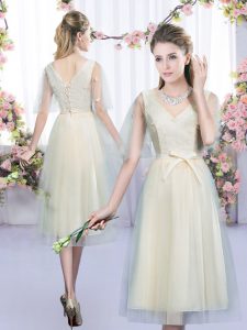 Modest V-neck Sleeveless Quinceanera Court of Honor Dress Tea Length Lace and Bowknot Champagne Tulle