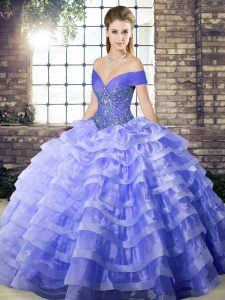 Superior Sleeveless Organza Brush Train Lace Up Quinceanera Gowns in Lavender with Beading and Ruffled Layers