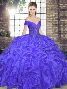 Elegant Lavender Ball Gowns Beading and Ruffles Quince Ball Gowns Lace Up Organza Sleeveless Floor Length