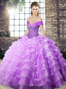 Off The Shoulder Sleeveless Brush Train Lace Up Sweet 16 Dresses Lavender Organza