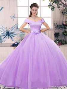 Flirting Lavender Tulle Lace Up 15th Birthday Dress Short Sleeves Floor Length Lace and Hand Made Flower