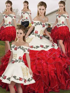Off The Shoulder Sleeveless Organza Quinceanera Dresses Embroidery and Ruffles Lace Up