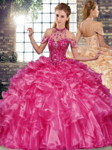 Fuchsia Lace Up Sweet 16 Quinceanera Dress Beading and Ruffles Sleeveless Floor Length