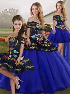 Royal Blue Ball Gowns Tulle Off The Shoulder Sleeveless Embroidery Floor Length Lace Up Quinceanera Dresses