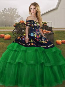 Green Lace Up Off The Shoulder Embroidery and Ruffled Layers Quinceanera Dresses Tulle Sleeveless Brush Train