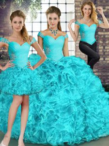 New Arrival Aqua Blue 15th Birthday Dress Military Ball and Sweet 16 and Quinceanera with Beading and Ruffles Off The Shoulder Sleeveless Lace Up
