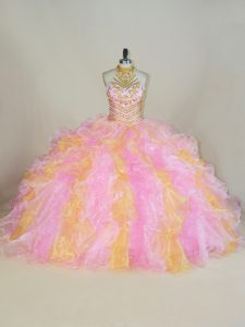 Cheap Organza Halter Top Sleeveless Lace Up Beading and Ruffles 15 Quinceanera Dress in Multi-color