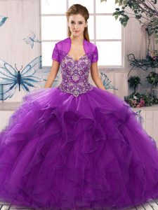 Purple Tulle Lace Up Off The Shoulder Sleeveless Floor Length Quinceanera Dress Beading and Ruffles