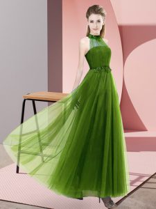 Olive Green Empire Beading and Appliques Dama Dress Lace Up Tulle Sleeveless Floor Length