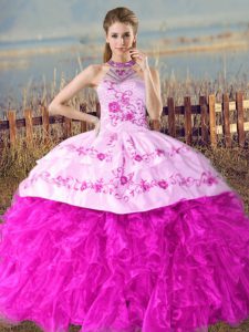 Fuchsia Halter Top Lace Up Embroidery and Ruffles Quinceanera Dresses Court Train Sleeveless