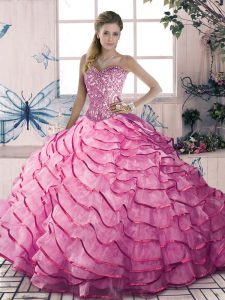 Most Popular Pink Sleeveless Floor Length Beading and Ruffles Lace Up Ball Gown Prom Dress