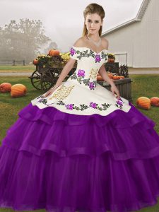 Great Purple Tulle Lace Up Off The Shoulder Sleeveless 15th Birthday Dress Brush Train Embroidery and Ruffled Layers
