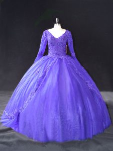 Wonderful Floor Length Purple Sweet 16 Dresses Tulle Long Sleeves Lace and Appliques
