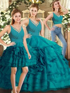 Traditional Teal Ball Gowns Organza V-neck Sleeveless Ruffled Layers Floor Length Backless Sweet 16 Dress