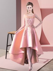 Noble Peach A-line Scoop Sleeveless Satin High Low Zipper Lace Vestidos de Damas