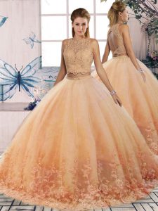 Wonderful Sleeveless Lace Backless Quince Ball Gowns with Peach Sweep Train
