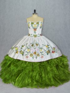 Floor Length Lace Up Quinceanera Gowns Olive Green for Sweet 16 and Quinceanera with Embroidery and Ruffles
