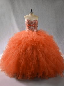 Latest Orange Red Sweetheart Lace Up Beading and Ruffles Sweet 16 Dress Sleeveless