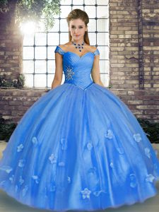 Eye-catching Off The Shoulder Sleeveless Tulle 15th Birthday Dress Beading and Appliques Lace Up