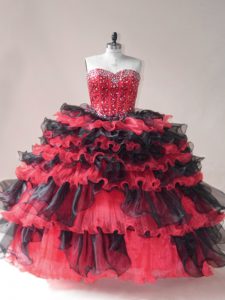 Red And Black Ball Gown Prom Dress Sweet 16 and Quinceanera with Beading and Ruffled Layers Sweetheart Sleeveless Lace Up