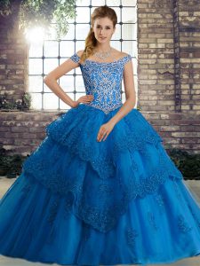 Ball Gowns Sleeveless Blue Quince Ball Gowns Brush Train Lace Up