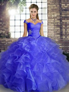 Organza Off The Shoulder Sleeveless Lace Up Beading and Ruffles Sweet 16 Dress in Blue