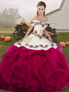 Glamorous Fuchsia Lace Up Quinceanera Gowns Embroidery and Ruffles Sleeveless Floor Length