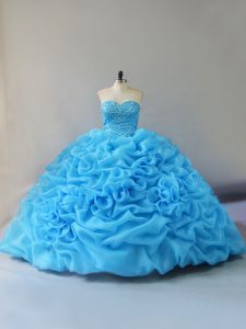 High End Baby Blue Ball Gowns Sweetheart Sleeveless Organza Court Train Lace Up Beading and Pick Ups and Hand Made Flower Quinceanera Gown